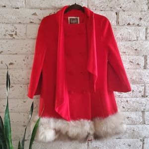 Vintage 50's Kagels Red 100% Wool Swing Jacket Fur Trim Retro Winter Coat Lined